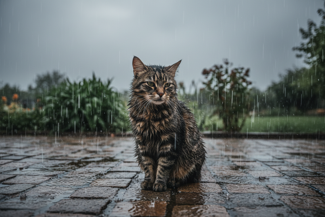 Generate an image of a cat ouside in the rain